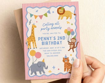 Invitación de cumpleaños con temática de animales / Invitación de cumpleaños con temática de safari para niñas / Plantilla de Canva (1055)