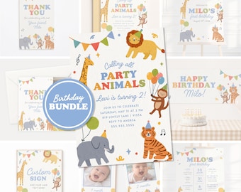 Zestaw urodzinowy „Party Animals” | Zaproszenie na 1. i 2. urodziny | Edytowalne dekoracje Canva