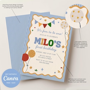 Może przedstawiać: Konfigurowalne zaproszenie na pierwsze urodziny z zabawnym designem. Zaproszenie zawiera tekst "MILO'S first birthday" w kolorowych literach, wraz z balonami i elementami dekoracyjnymi. Tył zaproszenia ma niebiesko-białe paski.