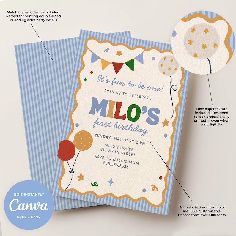 Może przedstawiać: Konfigurowalne zaproszenie na pierwsze urodziny z zabawnym designem. Zaproszenie zawiera tekst "MILO'S first birthday" w kolorowych literach, wraz z balonami i elementami dekoracyjnymi. Tył zaproszenia ma niebiesko-białe paski.