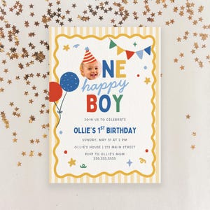 May include: A colorful birthday invitation with a photo of a baby wearing a party hat. The text reads "NE happy BOY" and "Ollie's 1st Birthday". Includes balloons, stars, and a banner design. The invitation is on a white background with gold star confetti.