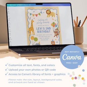 May include: A laptop displays a colorful invitation for Levi's 2nd birthday party. The design features cartoon animals, balloons, and the text "Calling all party animals." The invitation includes the date, time, location, and RSVP information.