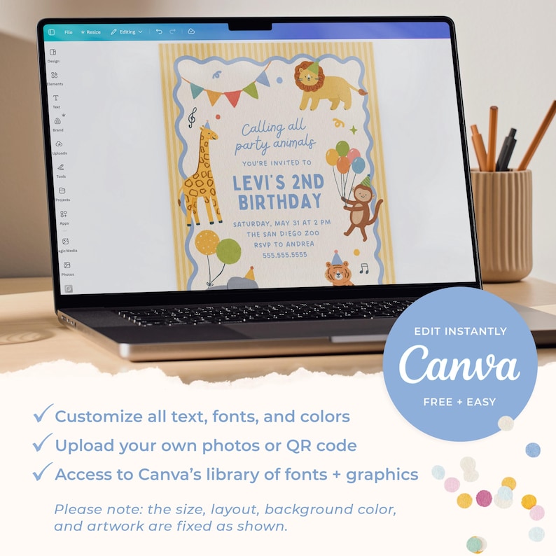 May include: A laptop displays a colorful invitation for Levi's 2nd birthday party. The design features cartoon animals, balloons, and the text "Calling all party animals." The invitation includes the date, time, location, and RSVP information.