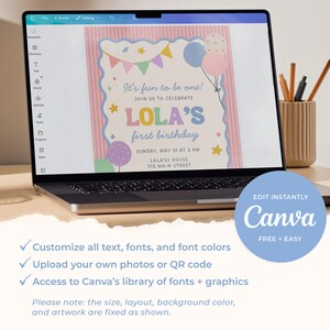 May include: A laptop screen displays a customizable birthday invitation template. The invitation features pastel colors, balloons, and the text "LOLA'S first birthday." The Canva logo is visible, along with text indicating customization options.