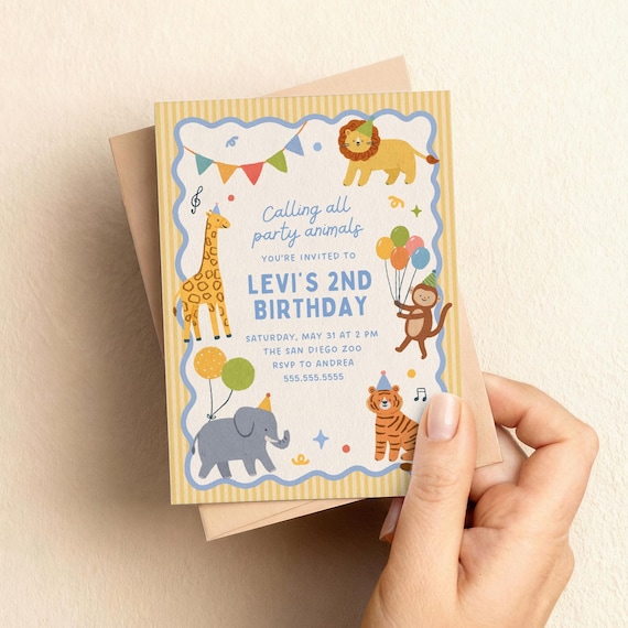 Party Animals Birthday Invitation | 1st, 2nd Birthday Boys | Canva Template (1055)