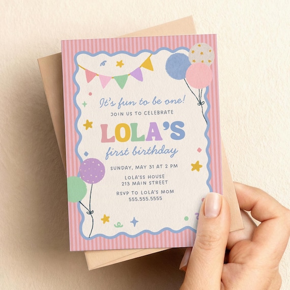 It's Fun to Be One First Birthday Girl Invitation | 1st Birthday | Canva Template (1059)