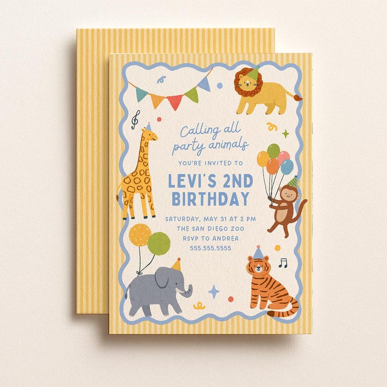 May include: A children's birthday party invitation with a zoo animal theme. The invitation features a giraffe, lion, monkey, elephant, and tiger. The text reads "Calling all party animals" and invites guests to Levi's 2nd birthday.