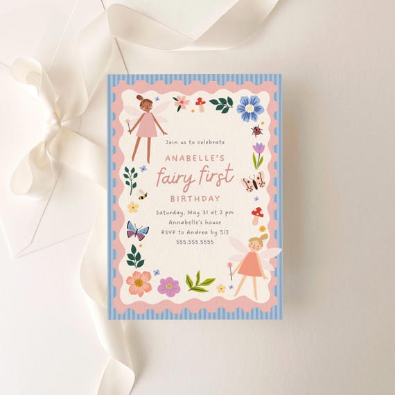 Fairy First Birthday Invitation | Butterfly Girl 1st Birthday | Canva Template (1019)