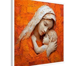 Sacred Mother and Child Impasto Canvas Print, Warm Orange Devotional Artwork