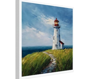 Coastal Lighthouse Canvas Art, Maritime Painting Print, Nautical Ocean Decor (8x8 or 12x12)