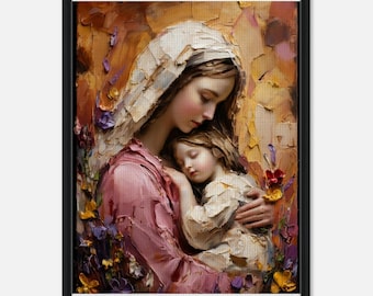 Mother and Child Framed Canvas Art, Tender Motherhood Painting Print, Warm Floral Nursery Artwork