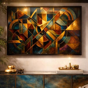 May include: A framed canvas art piece with a geometric design. The artwork features a complex arrangement of shapes in shades of gold, blue, and brown. The words "Luxury Geometric Canvas Art" are at the top. The artwork is displayed above a cabinet with gold accents.