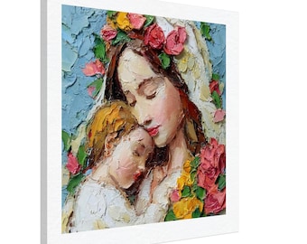 Mother and Child Impasto Canvas Print, Floral Motherhood Artwork, Faith Inspired Painting
