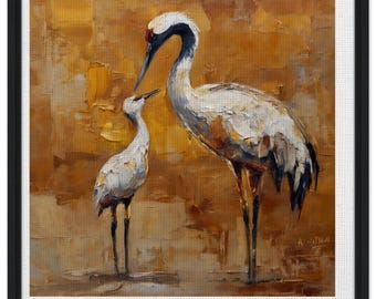 Crane Mother Child Framed Canvas Print | Warm Neutral Bird Wall Art