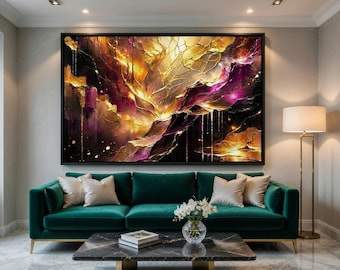 Abstrakcyjny obraz na płótnie w ramie „Faultline of Light” – złoty, magenta, wyrazisty obraz ścienny