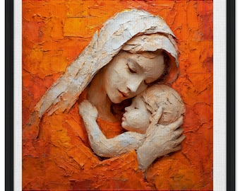 Sacred Mother Child Canvas Print, Impasto Texture, Faith Inspired Art