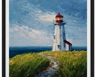 Coastal Lighthouse Framed Canvas Art, Maritime Beach House Wall Decor (12x12 or 24x24)