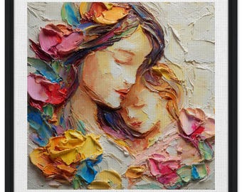 Framed Mother Child Canvas Art, Colorful Floral Impasto Painting, Textured Nursery Decor