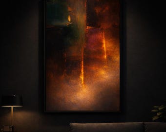 Abstrakcyjna sztuka na płótnie „Linia uskoku światła Ember”: ciepły, złoty, pomarańczowy obraz
