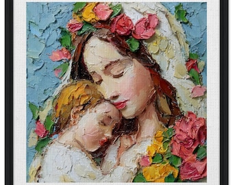 Framed Mother Child Canvas Art, Textured Floral Impasto Painting, Faith Inspired Home Decor