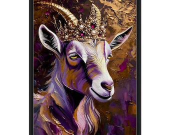 Regal Crowned Goat Canvas Art | Jewel Tones Textured Painting, Statement Decor