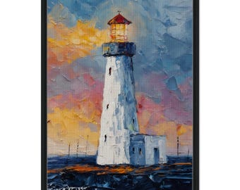 Coastal Lighthouse Canvas Print, Painterly Sunset Maritime Artwork