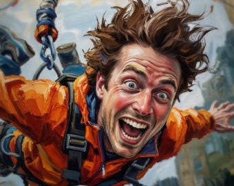 Cuadro de puenting: pintura expresiva de deportes extremos, decoración de pared aventurera.