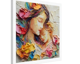 Mother Child Floral Impasto Canvas Art, Textured Nursery Decor, Family Print