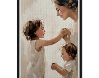Mother and Children Wall Art, Elegant Soft Beige Nursery Decor, Emotional Painting