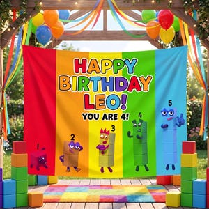 Custom Colorful Building Blocks Birthday Backdrop, Educational Numbers Party Banner, Personalized Name & Age Toddler Bday Tapestry