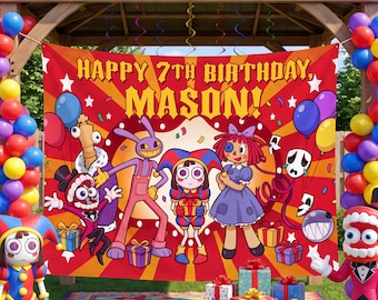 Custom Digital Circus Backdrop, TADC Birthday Party Banner, Pomni Jax Personalized Tapestry, Kids Carnival Party Decor with Hanging Hooks