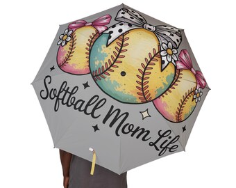 Paraguas Softball Mom Life / Lazos florales, margaritas, Pongee impermeable