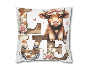 Almohada Cow LOVE, funda de almohada cuadrada de vaca de granja / decoración floral de herradura
