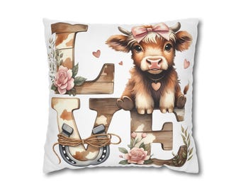 Almohada Cow LOVE, funda de almohada cuadrada de vaca de granja / decoración floral de herradura