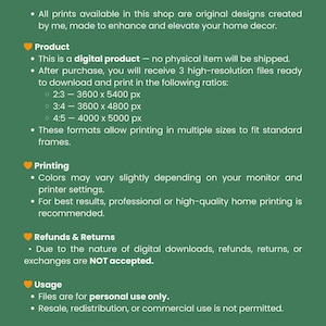 May include: A green informational graphic with the word "INFORMATION" in orange. Details include product specifics, printing recommendations, refund policies, and usage rights. The shop's name, "l'art shaliter," is at the bottom.