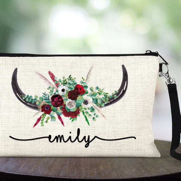 Western Bull Floral Personalized Bridesmaid Makeup Bag, Best Friend Gifts Cosmetic Bag, Toiletry Bag, Device Bag, Wedding Make-up Bag Handle