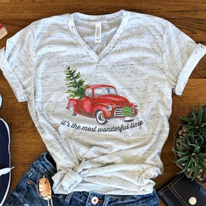 Most Wonderful Time Of Year Old Vintage Truck Christmas Tree Unisex V Neck T-Shirt image 1