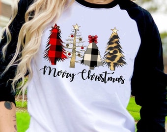 Merry Christmas Wild Trees Buffalo Plaid t-shirt Raglan shirt Novelty Graphic Tee T-Shirt Raglan