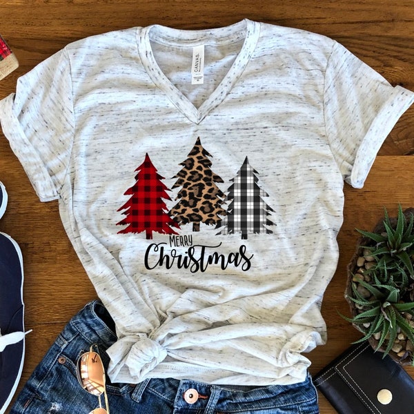 Merry Christmas Leopard Print Buffalo Plaid Trees Christmas Bella Unisex V Neck T-Shirt
