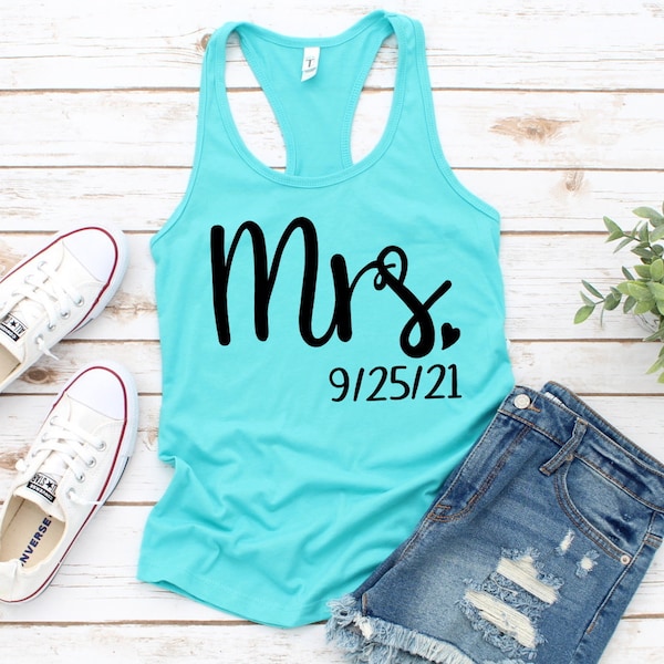 Mrs Bride Shirt Personalized Wedding Date Engagement Just Married New Bride Women's Racerback Tank Top Tee Shirt