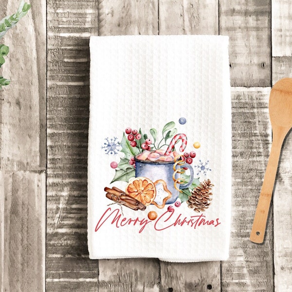 Merry Christmas Cocoa Mug Tea Dish Towel - Christmas Watercolor Towel Kitchen Décor - Housewarming Farm Decorations house Towel