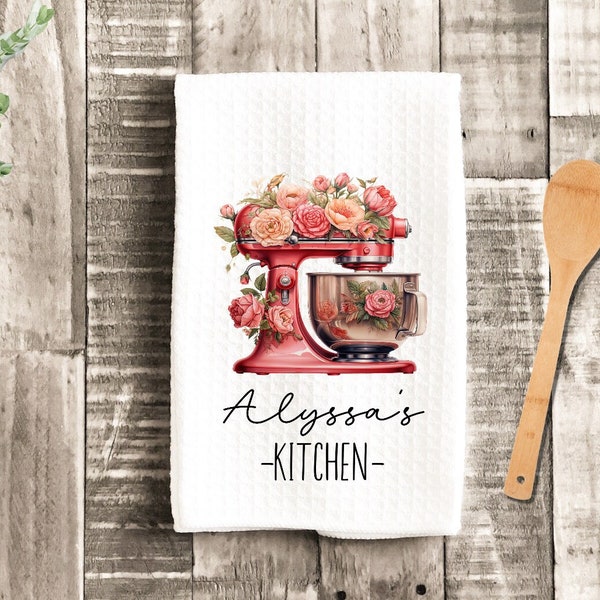 Floral Red Kitchen Mixer Personalized Tea Dish Towel - Baking Tea Towel Kitchen Décor - Housewarming Farm Decorations house Towel