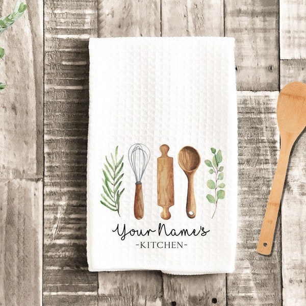 Personalized Tea Dish Towel - Watercolor Utensils Tea Towel Kitchen Décor - Housewarming Farm Decorations house Towel, Grandma Mom Gift