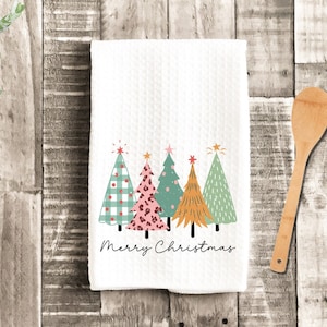 Merry Christmas Pink Teal Trees Tea Dish Towel - Merry Christmas Tea Towel Kitchen Décor -  Farm Decorations Hostess Gift