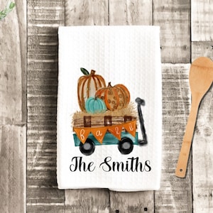 Fall Wagon Personalized Pumpkin Dish Towel - Fall Pumpkins Tea Towel Kitchen Decor - New Home Gift Farm Decorations house Towel