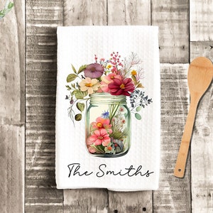 Personalized Dish Towel Spring Flowers in Jar Tea Towel Kitchen New Home Gift, Housewarming Farm Decorations house Decor Towel image 1