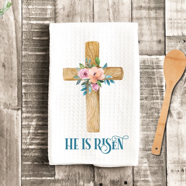 He Is Risen Cross Dish Towel - Floral Cross Christian Tea Towel Kitchen - New Home Gift, Housewarming Easter Decorations house Decor Towel