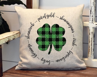 Plaid Shamrock Clover Pillow Cover - St Patrick's Day Sayings - Irish St. Pattys Decorations Farm house Decor Throw Pillow Cover