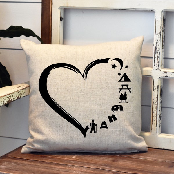 Heart Love Camping Pillow Cover - Hiking, Camping, Travel Trailer -Farm Camping RV house Decor Throw Pillow Cover