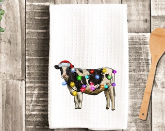 Christmas Cow Tea Dish Towel - Christmas Holstein Lights Tea Towel Kitchen Décor - New Home Gift, Housewarming Farm Decorations house Towels